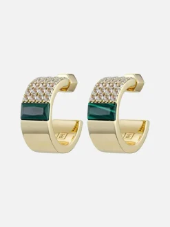 Spliced Malachite Hoop Earrings: Brass + 18K Gold Plating + Malachite + Topaz
